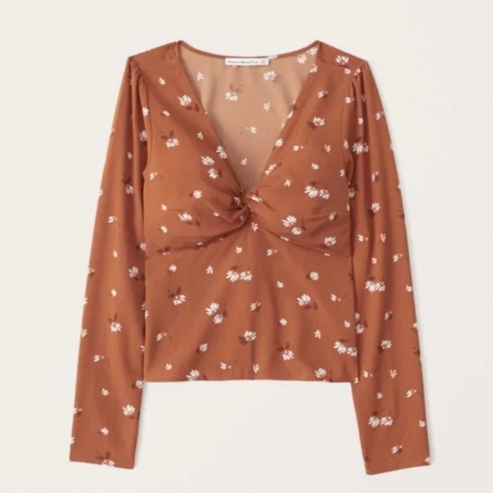 Abercrombie Women's Long-Sleeve Deep-V Top in Dark Orange Floral